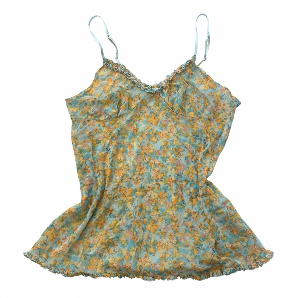 Vintage Y2K Lettuce Trim Camisole Floral Blue Yellow Tank Ditsy Coquette Fairy